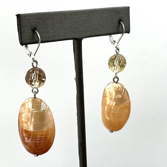 Peach Dyed Double Shell Bead Dangle Pierced Earrings 2.5" - Picture 5 of 9